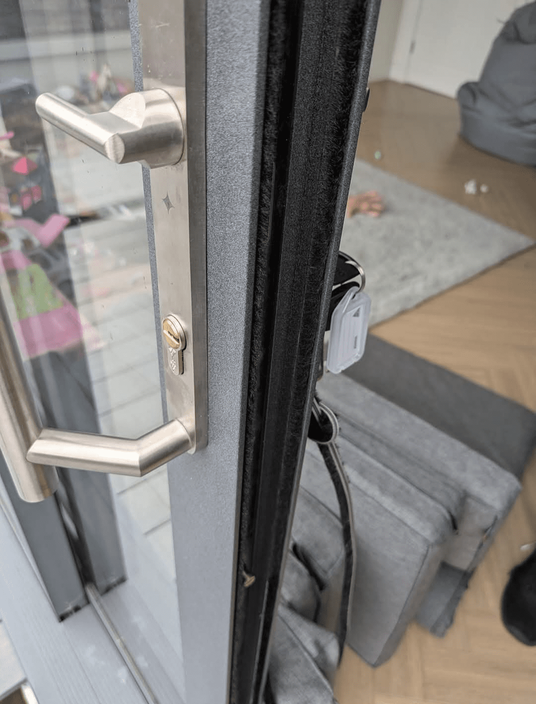 A recently repaired sliding door