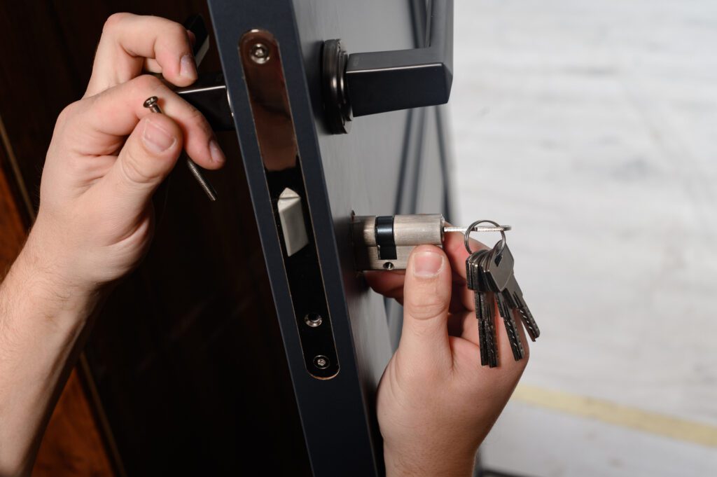 Locksmith installs the core for the door lock