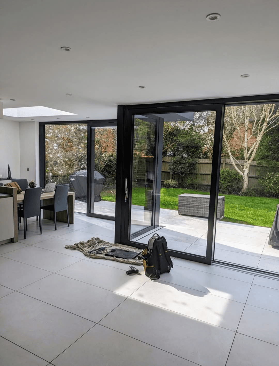 Newly installed black sliding doors